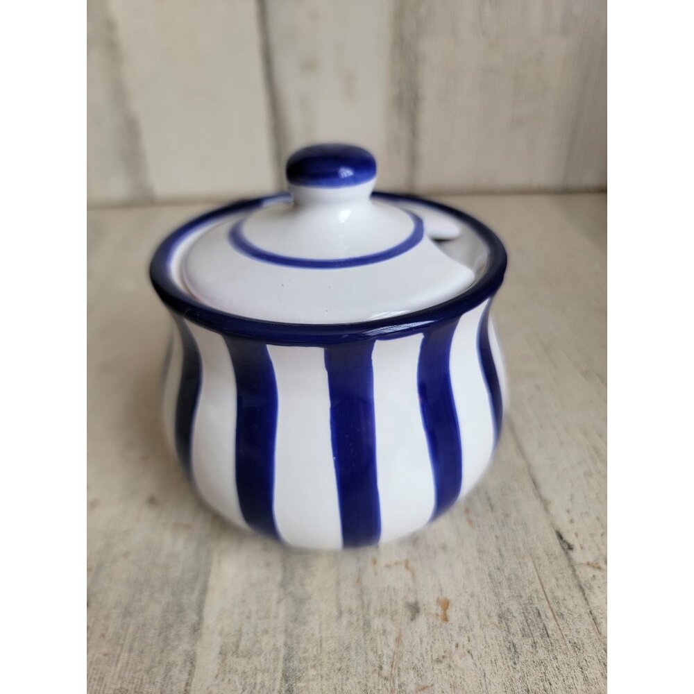 City to cottage honey sugar‎ pot blue striped tea coffee accessory